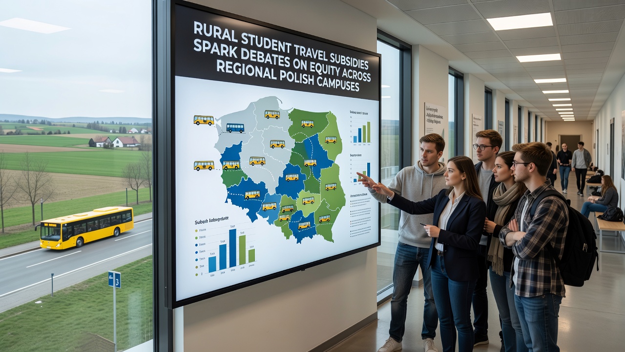Regional Polish university campus with students reviewing travel subsidy documents