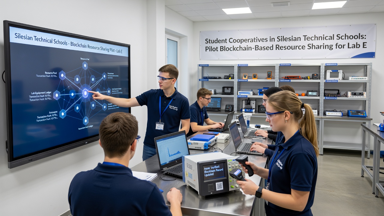 Group of students reviewing blockchain transaction logs for shared laboratory equipment